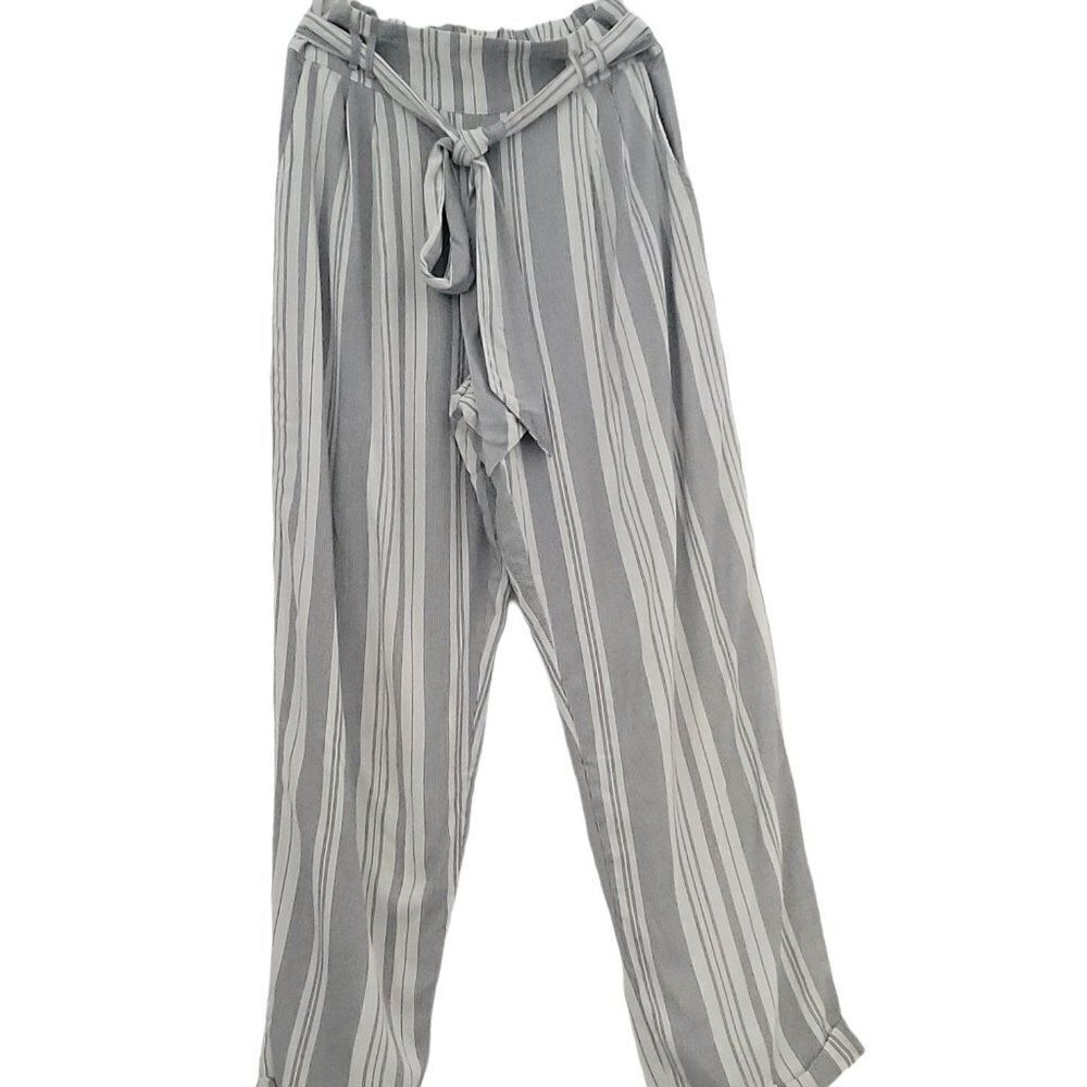 American Eagle Striped Paperbag Waist Tie Pants White/Grey Women's Sz S